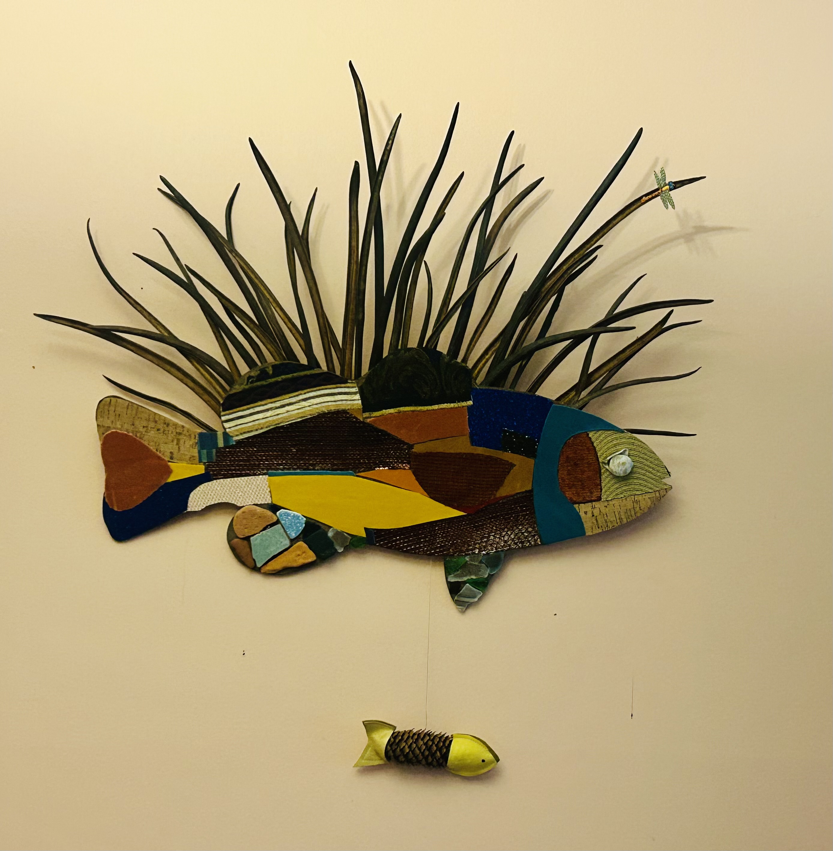 We're Swimming Through the Weeds — patchwork fish with catalpa pods