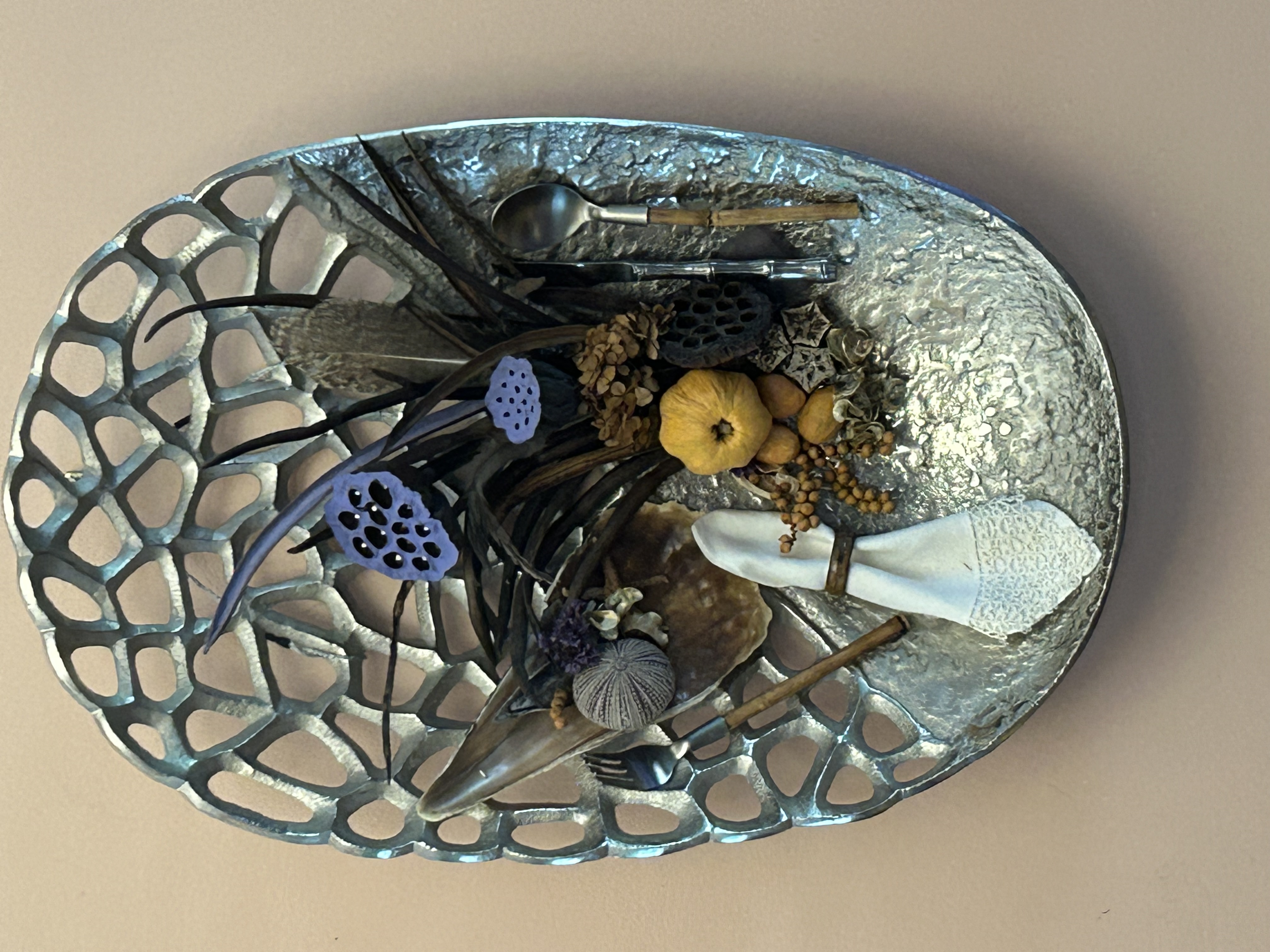 Bon Appetit — mixed-media assemblage in a silver platter